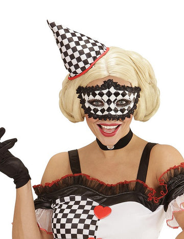 Loup pierrot damier pour adulte noir et blanc avec dentelle noire