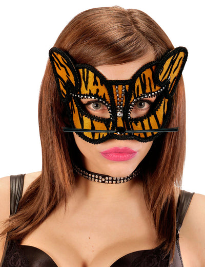 Loup tigré pour adulte orange et noir avec strass et moustaches
