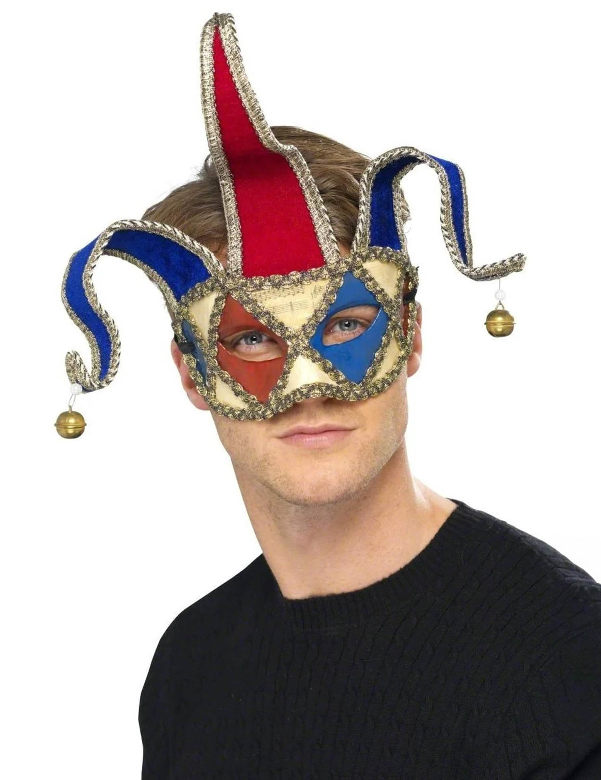 lup venețian clown arlechin pentru adult albastru și roșu cu clopoței aurii