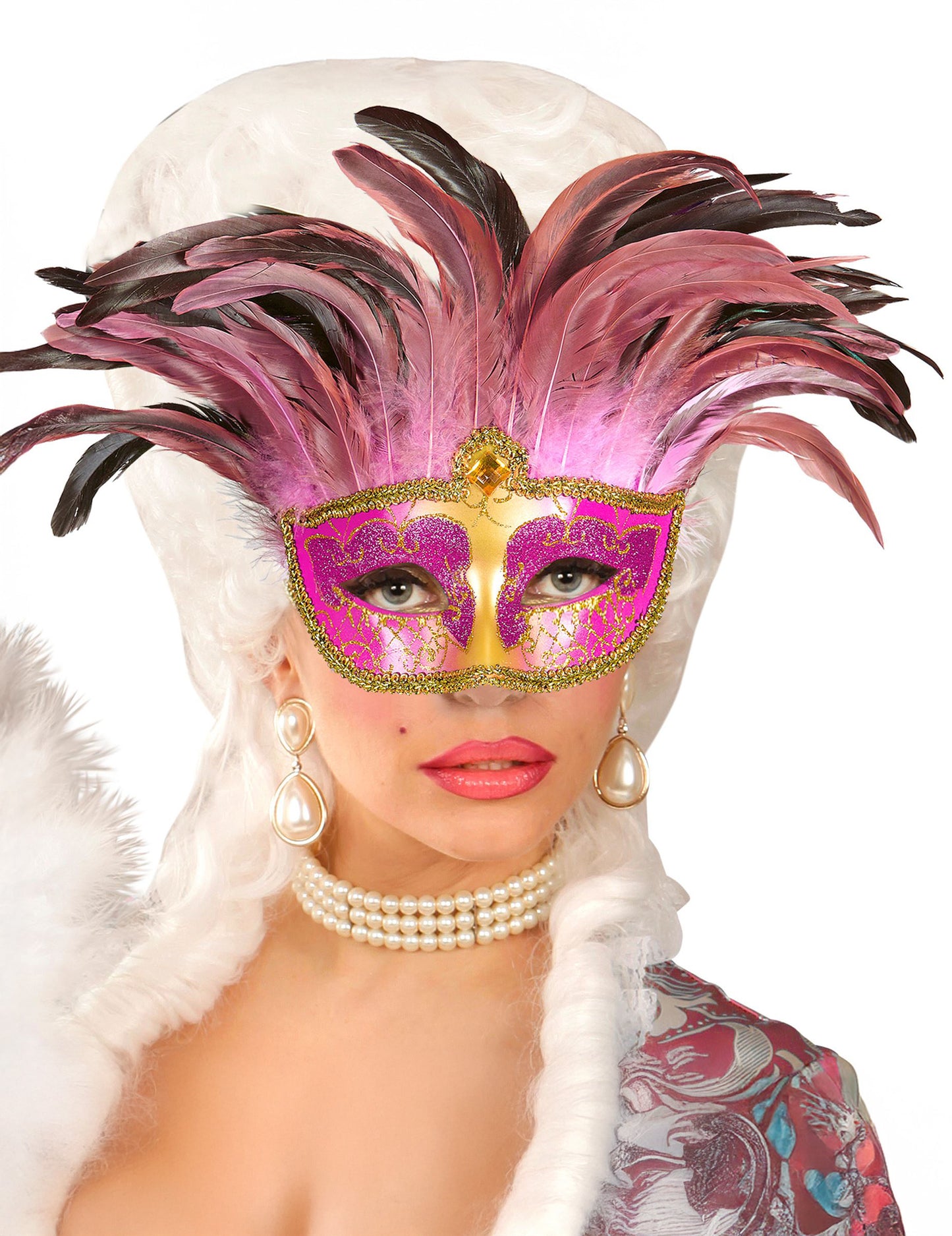 Loup vénitien rose et or à plumes adulte