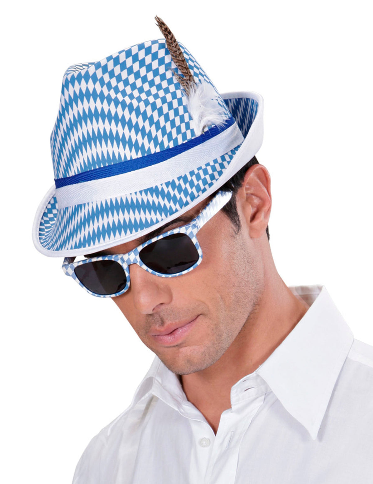 Lunettes Fête de la bière pour adulte blanches et bleues à motifs damiers