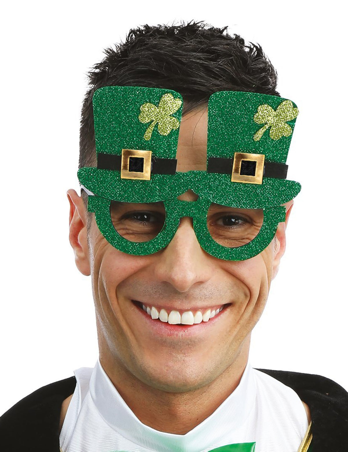 Lunettes chapeaux Saint Patrick pour adulte vertes à paillettes avec trèfles dorés