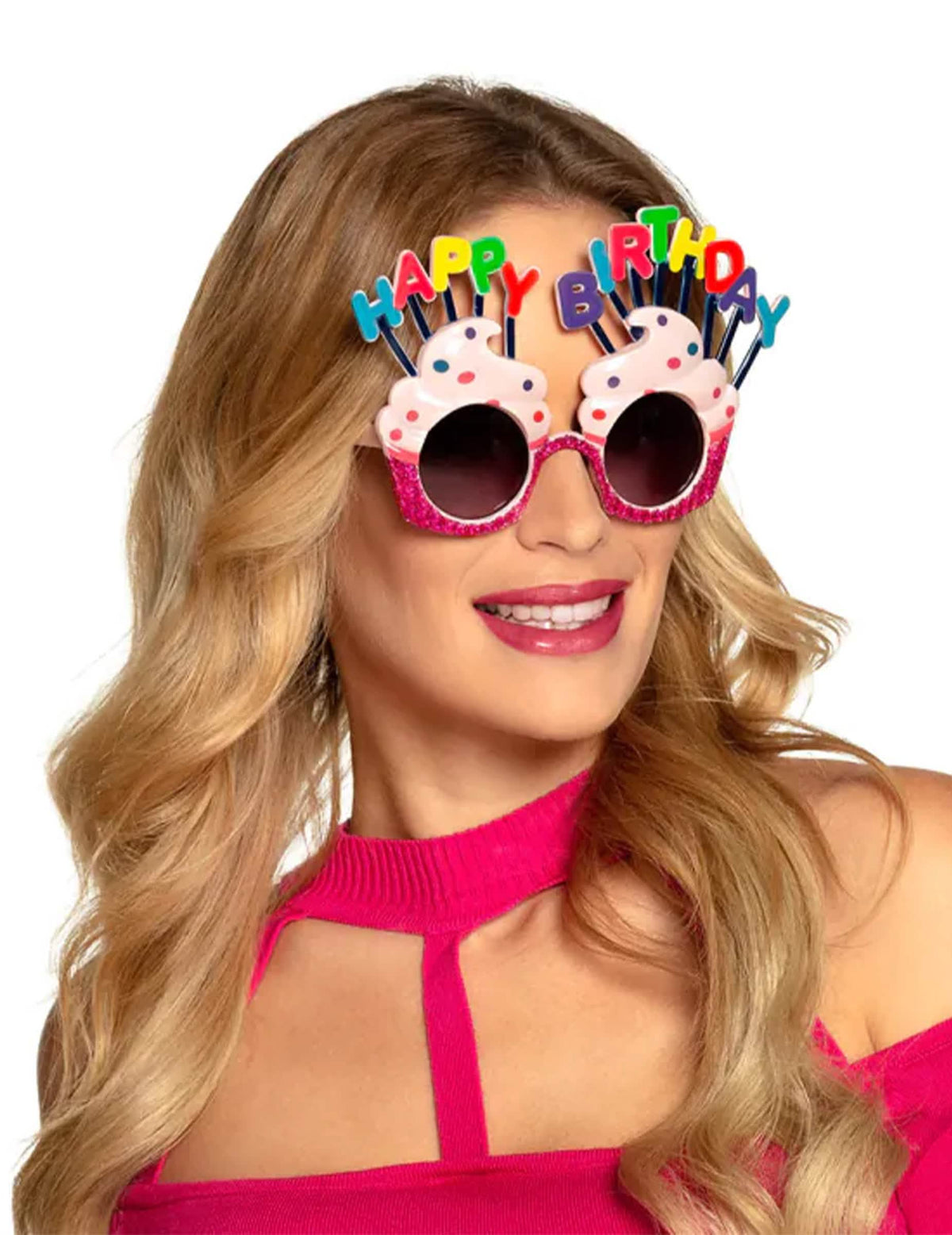 ochelari Happy Birthday brioșă pentru adult roz pailleté cu inscripție multicoloră