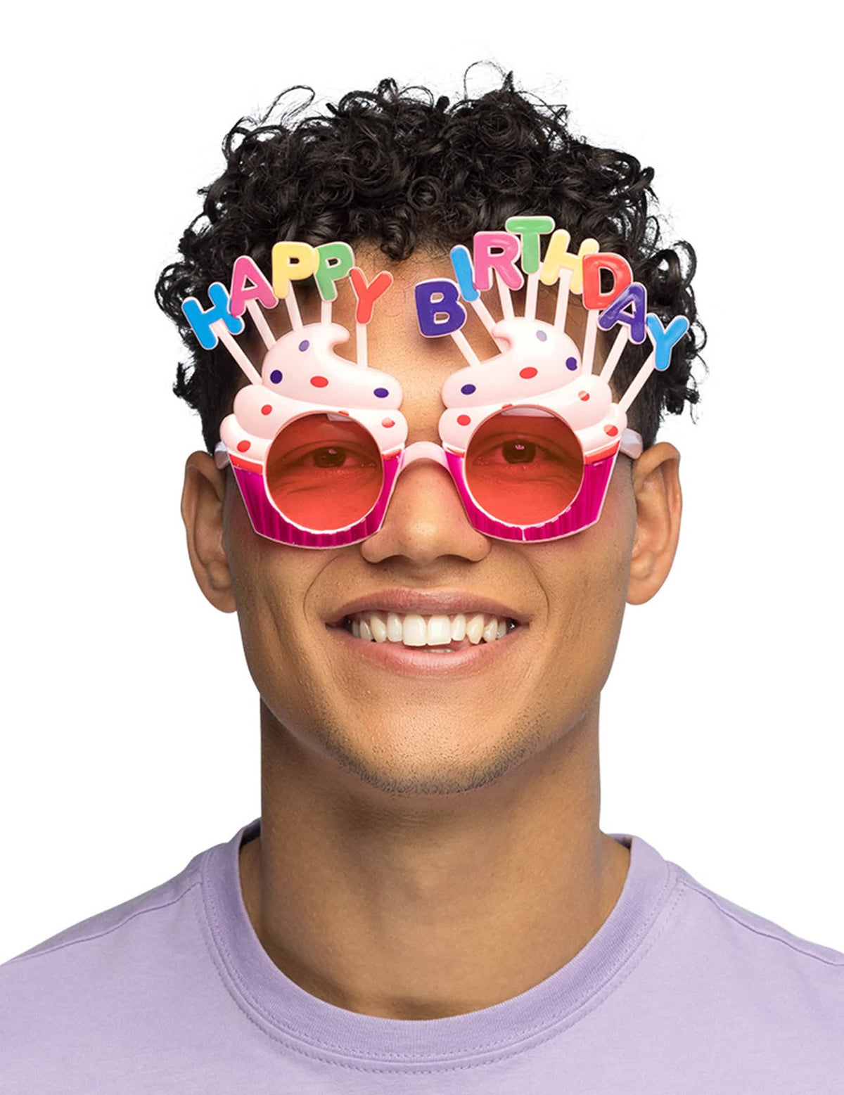 Vedere din față purtată a ochelarii Happy Birthday brioșă pentru adult