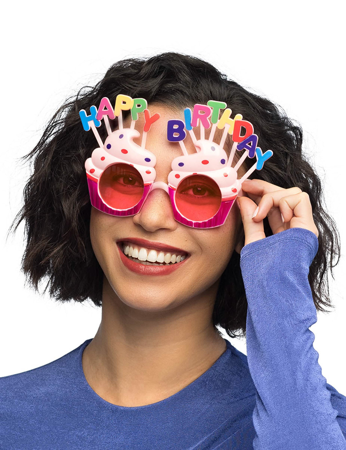 Poziționare frontală a ochelarilor Happy Birthday cupcake pentru adult
