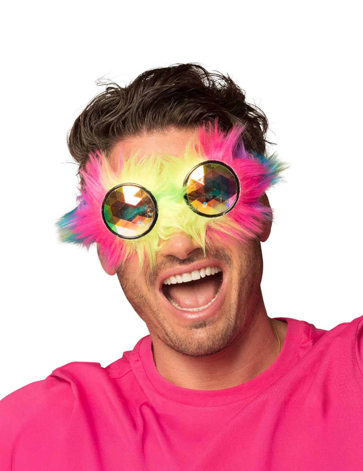 Vedere din față a ochelari rave party cu peri multicolori purtați pe ochi