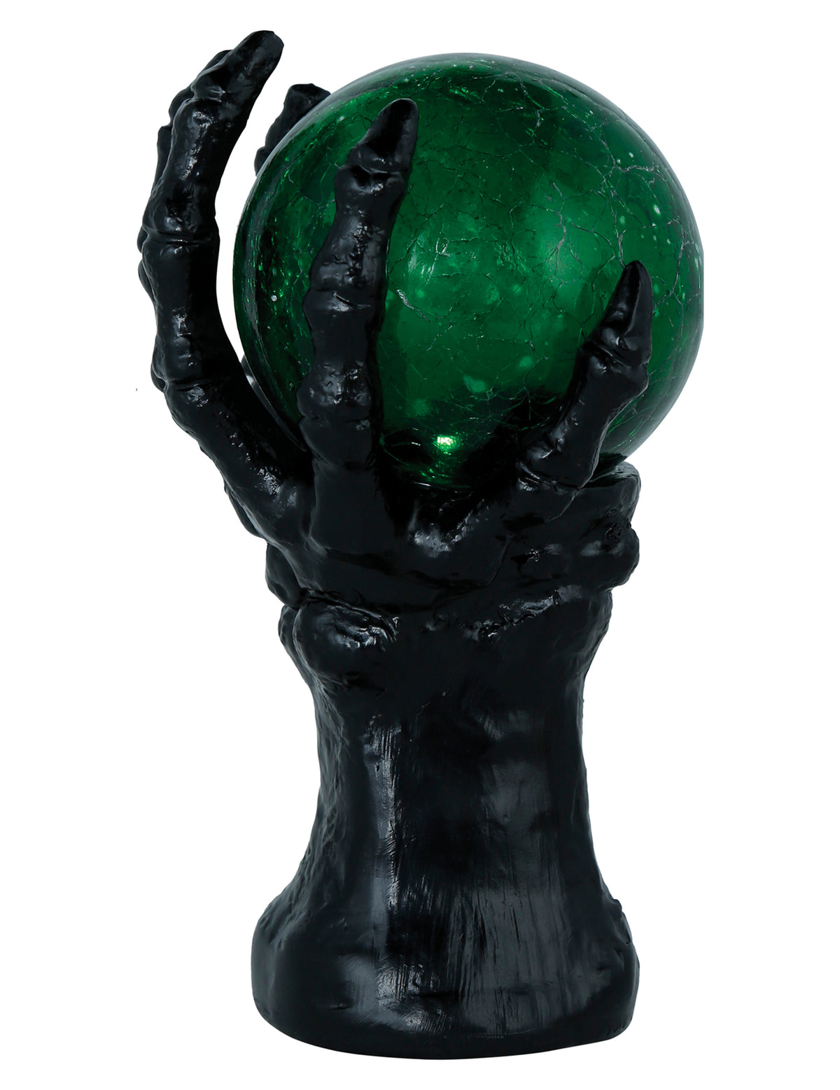 Vue de profil de la main squelette avec boule de cristal lumineuse