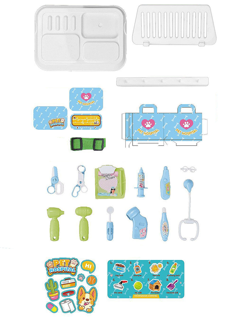 Détail de tous les accessoires du kit de jeu vétérinaire
