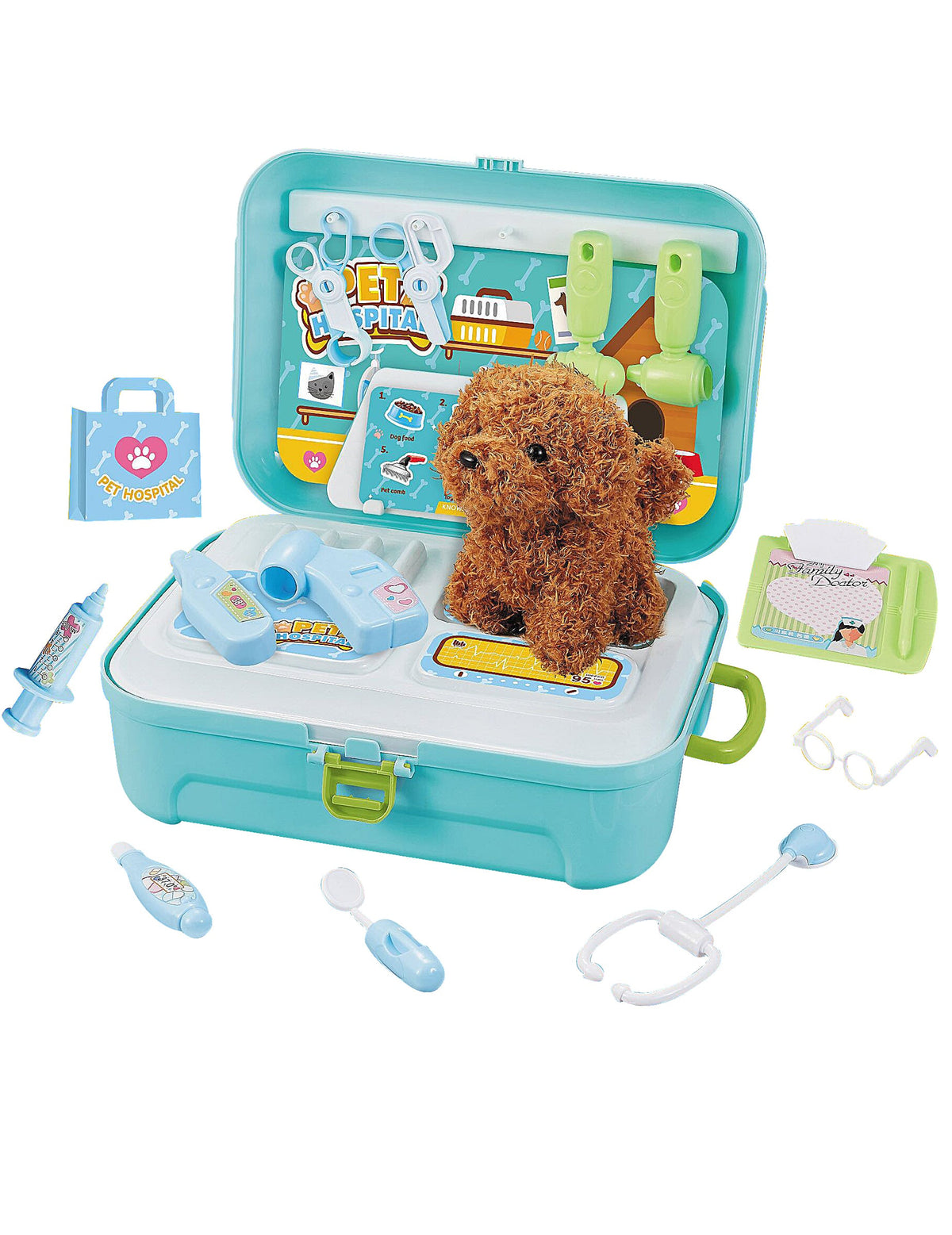 Kit de jeu vétérinaire pour enfant bleu avec peluche de chien et accessoires