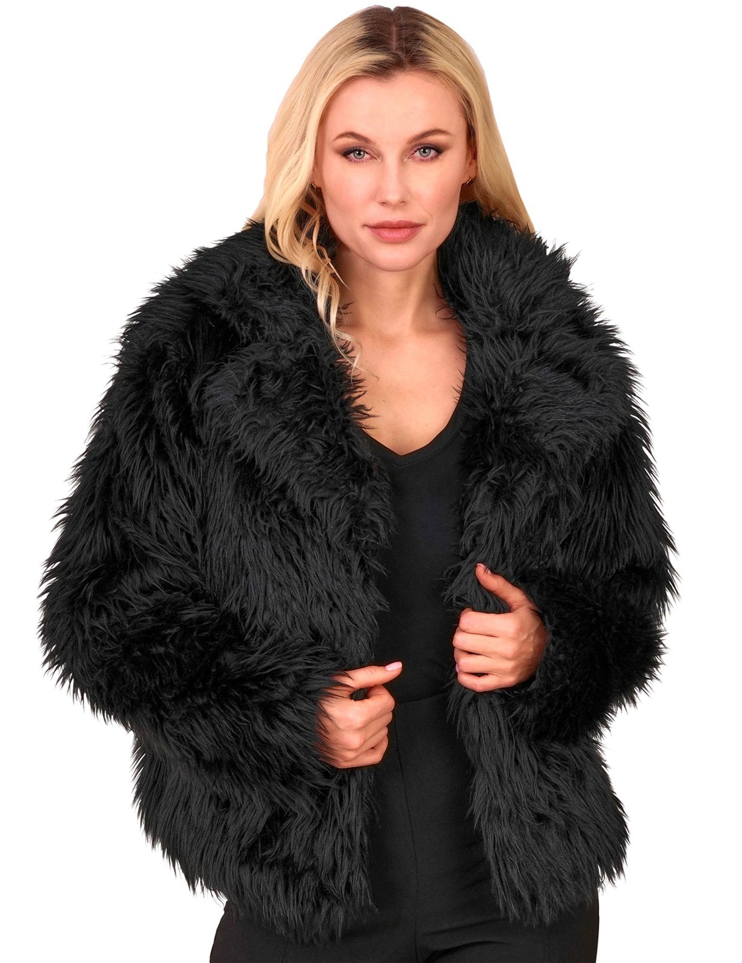 Haină neagră din blană artificială pentru adulți