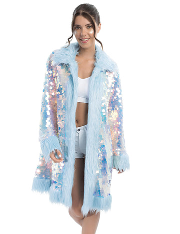 Palton albastru reversibil cu paiete și blană artificială pentru adult