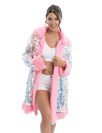 Haină reversibilă roz cu paiete și blană artificială pentru adulți