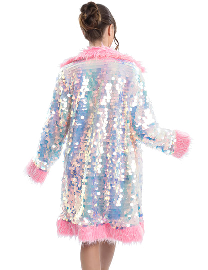 Haină reversibilă roz cu paiete și blană artificială pentru adulți