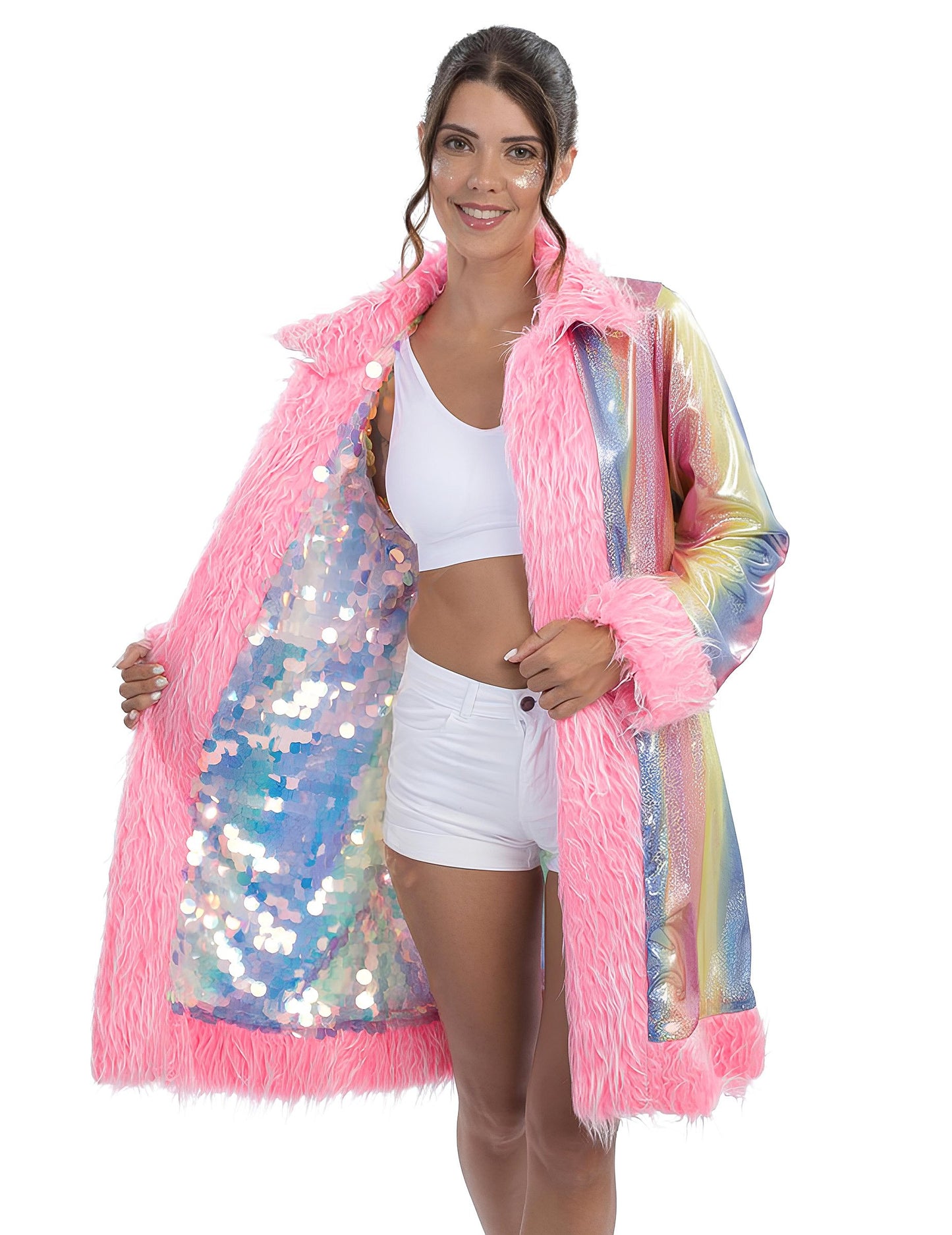 Haină reversibilă roz cu paiete și blană artificială pentru adulți