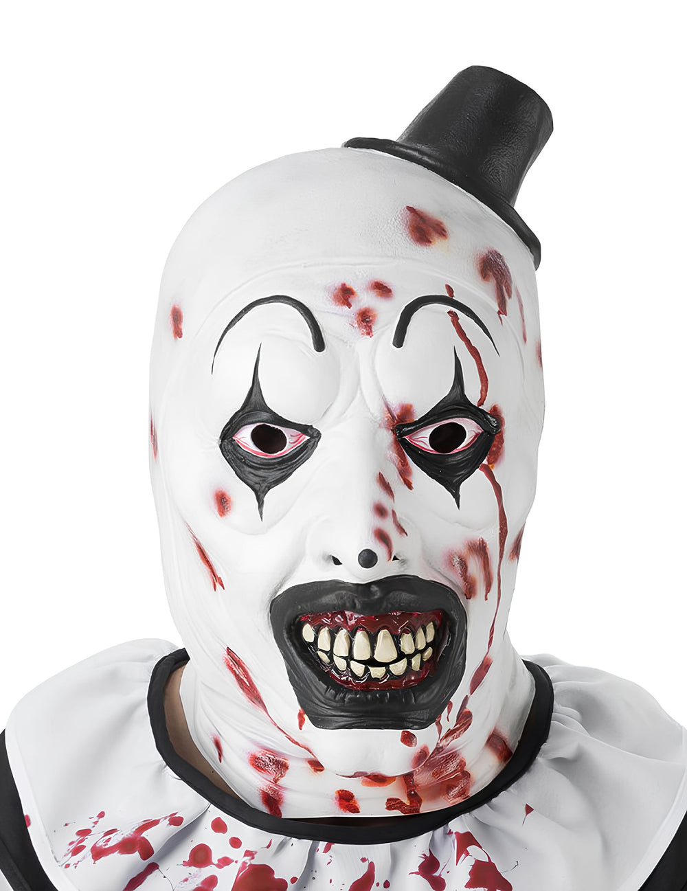 Masque intégral clown Terrifier pour adulte ensanglanté blanc et noir avec mini chapeau