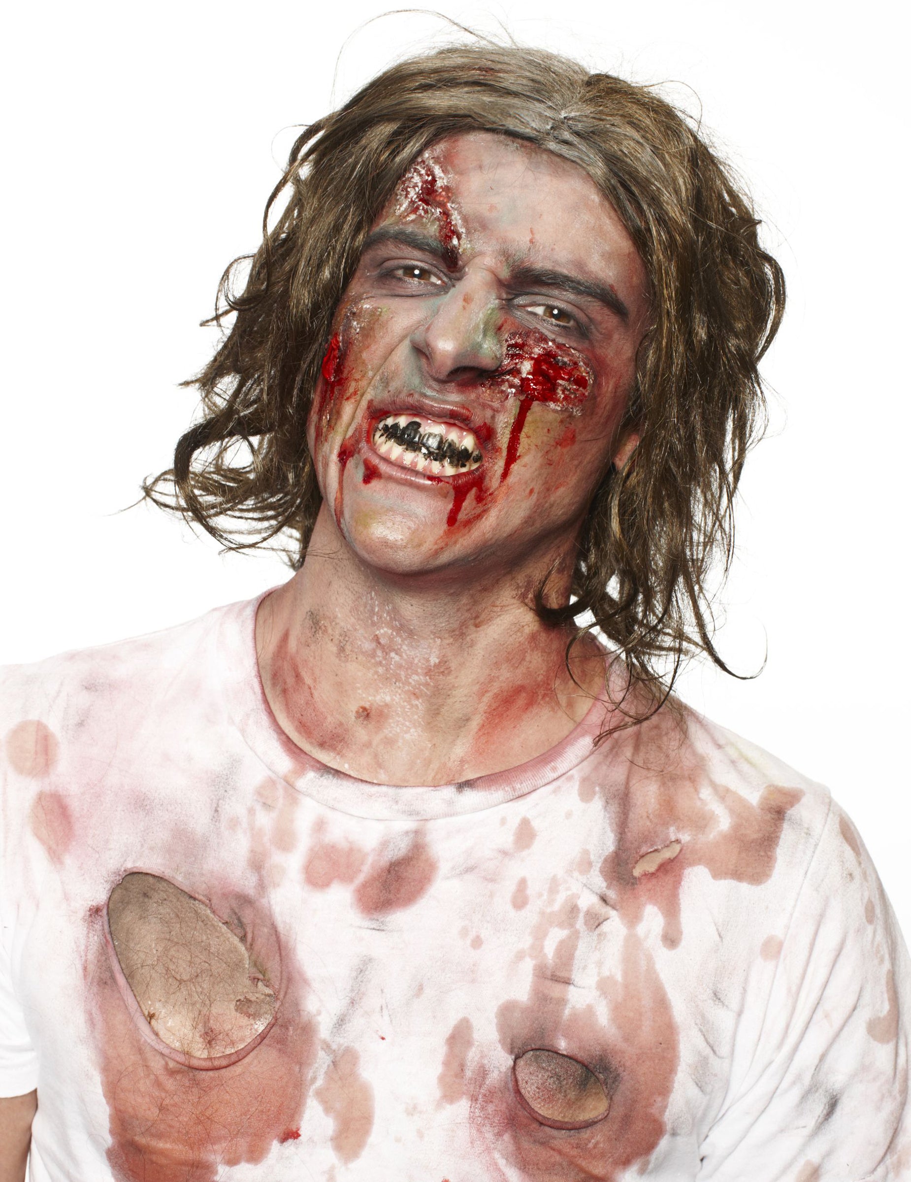 Vue de face du personnage zombie du maquillage latex liquide blanc pour adulte