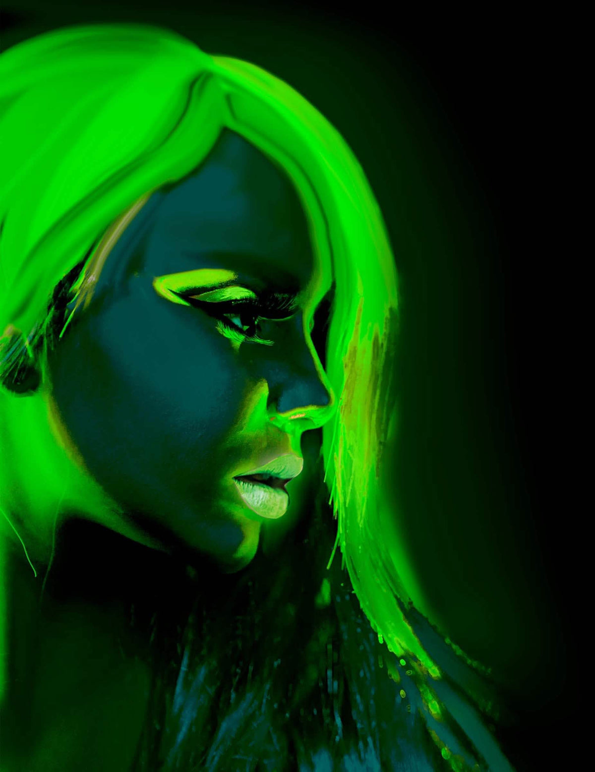 Vue de profil du rendu fluorescent du maquillage néon pour adulte
