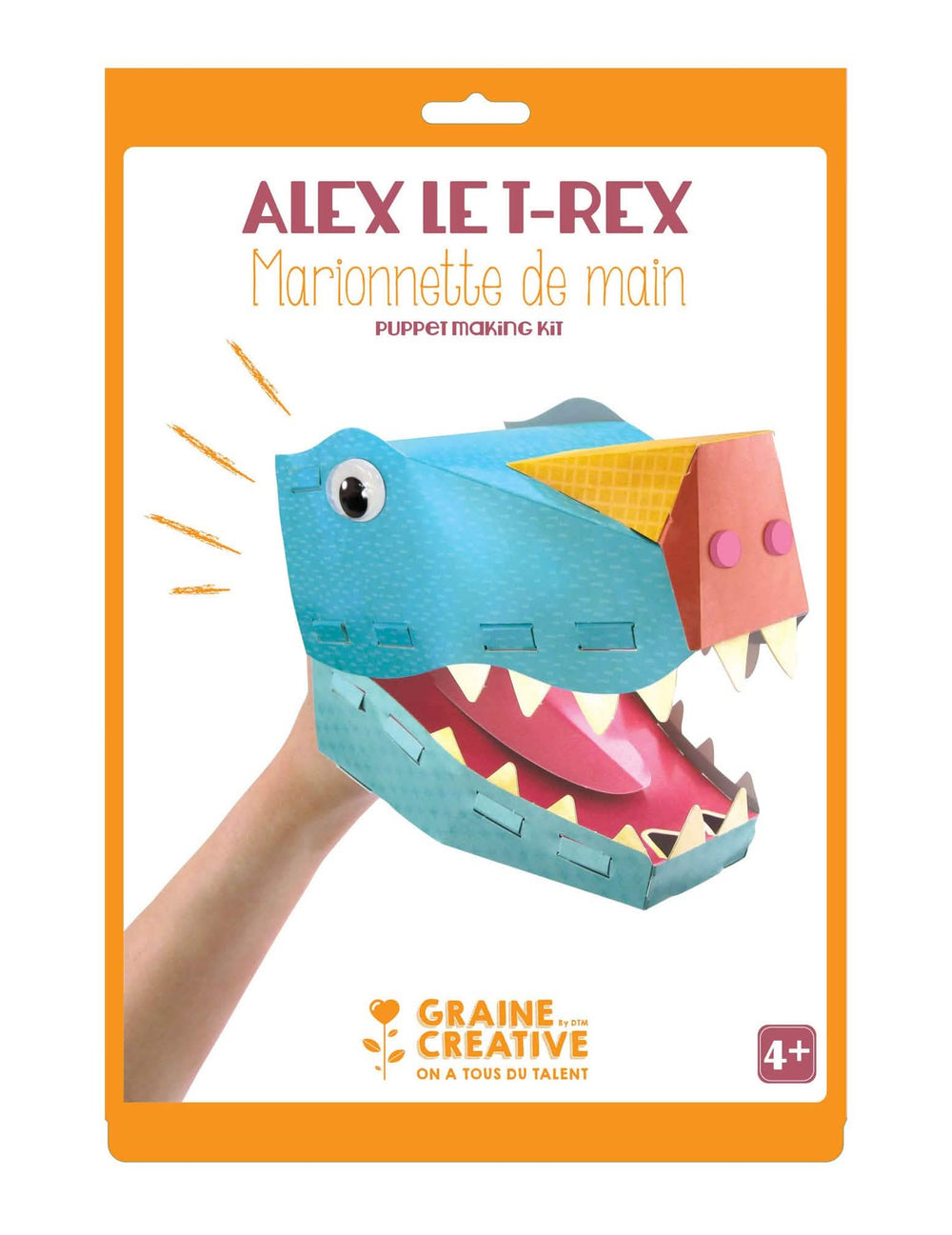 Mănușă-marionetă Alex T-Rex pentru copil albastră și portocaliu kit creativ din carton
