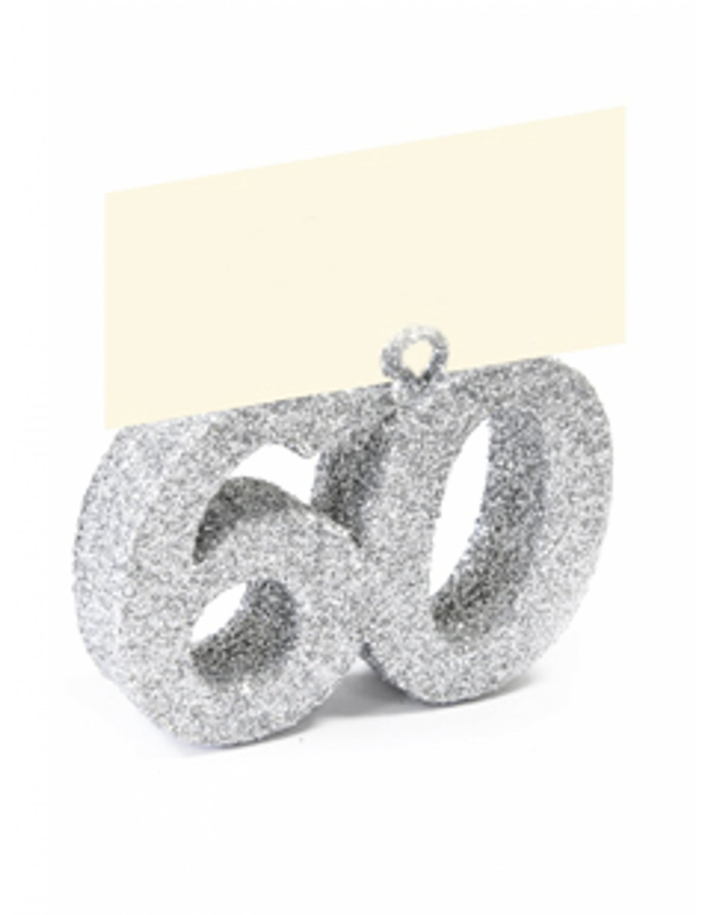 Carte de loc cu sclipici argintiu numărul 60 și etichetă cu nume