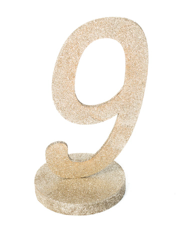 Centre de table chiffre 9 bois pailleté champagne avec socle