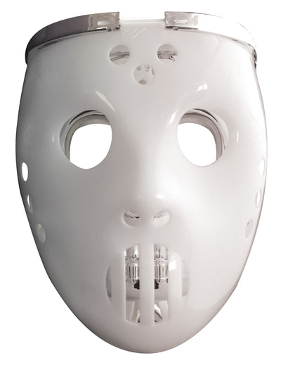 Gros plan sur le crâne chromé du masque 2 en 1 lumineux joueur de hockey