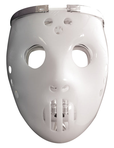 Gros plan sur le crâne chromé du masque 2 en 1 lumineux joueur de hockey
