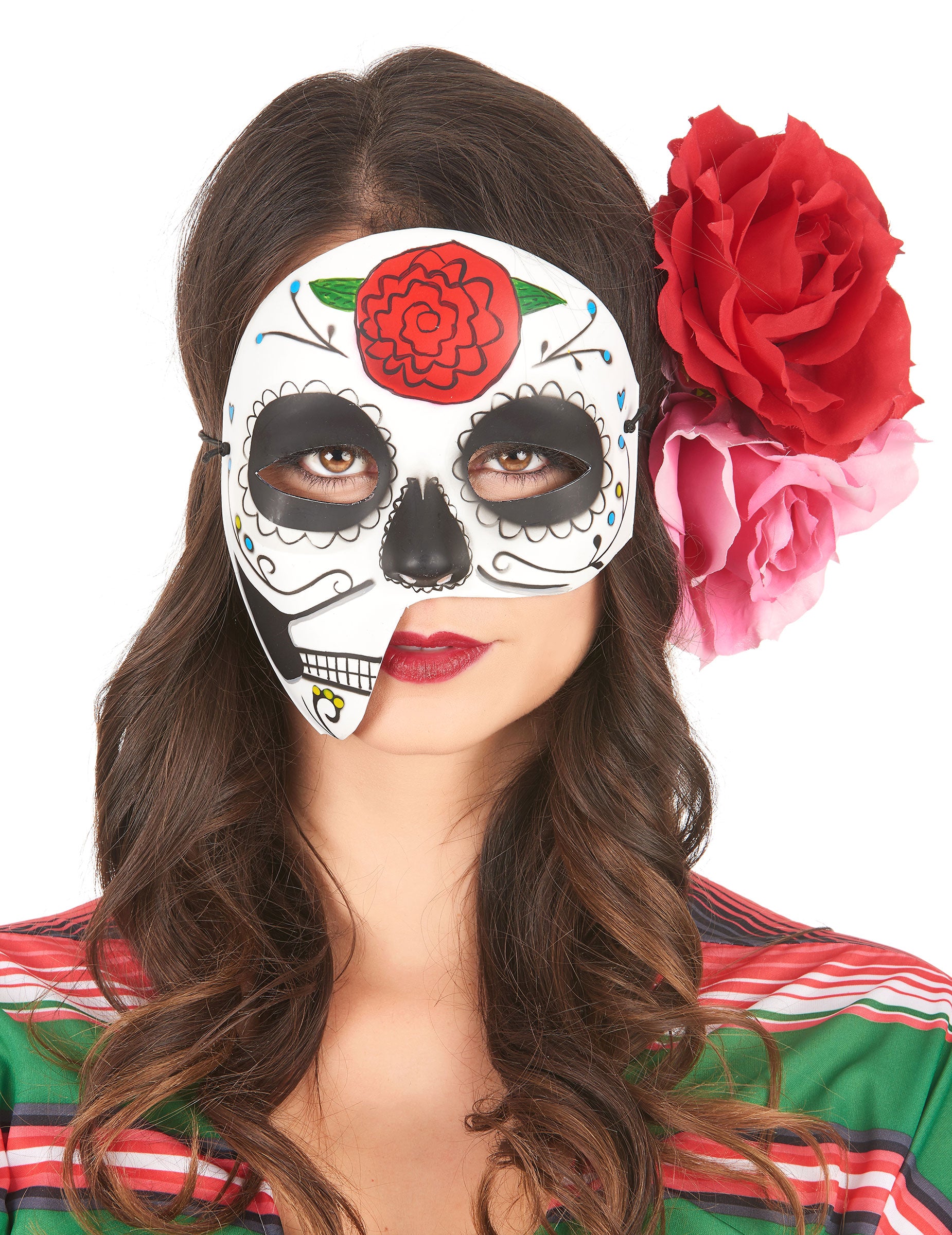 Masque asymétrique Dia de los Muertos pour adulte blanc avec fleurs rouges et roses