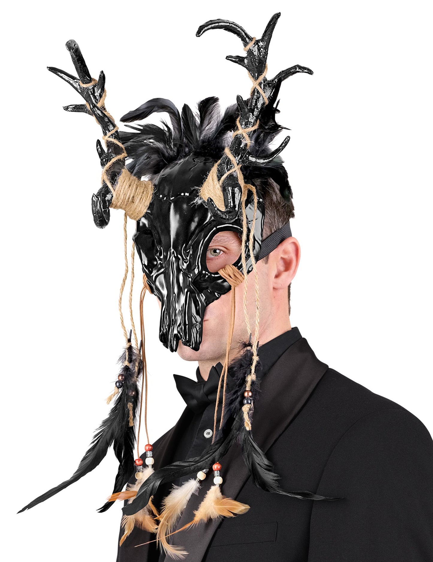 Mască de șaman Voodoo Black Adult cu pene