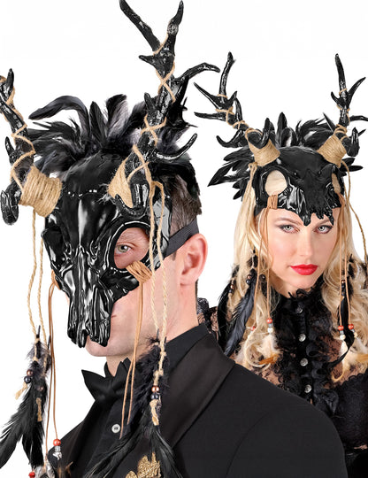 Mască de șaman Voodoo Black Adult cu pene