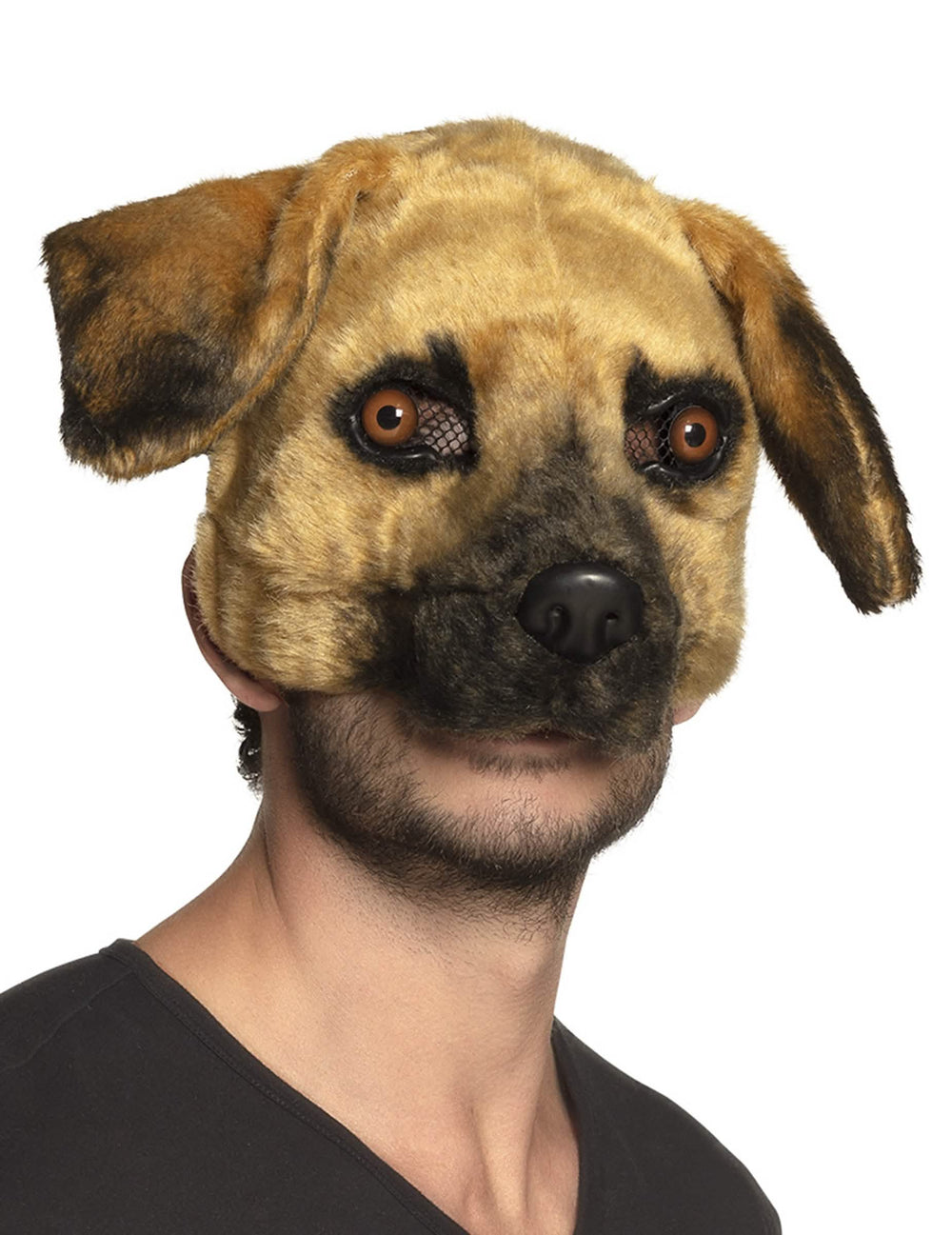 Masque chien peluche pour adulte beige et noir