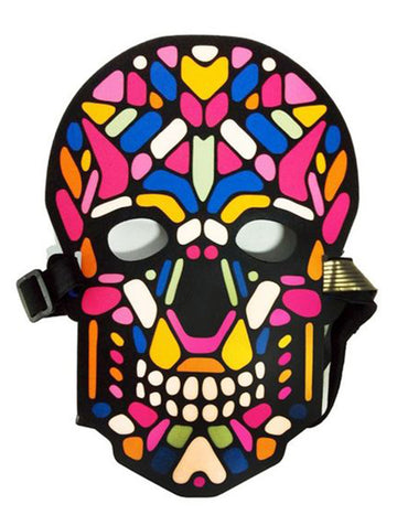 Masque crâne de squelette LED réactives pour adulte noir avec motifs géométriques multicolores