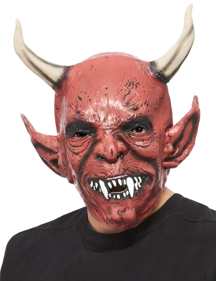 Mască de demon cu coarne halloween pentru adult roșu cu coarne bej