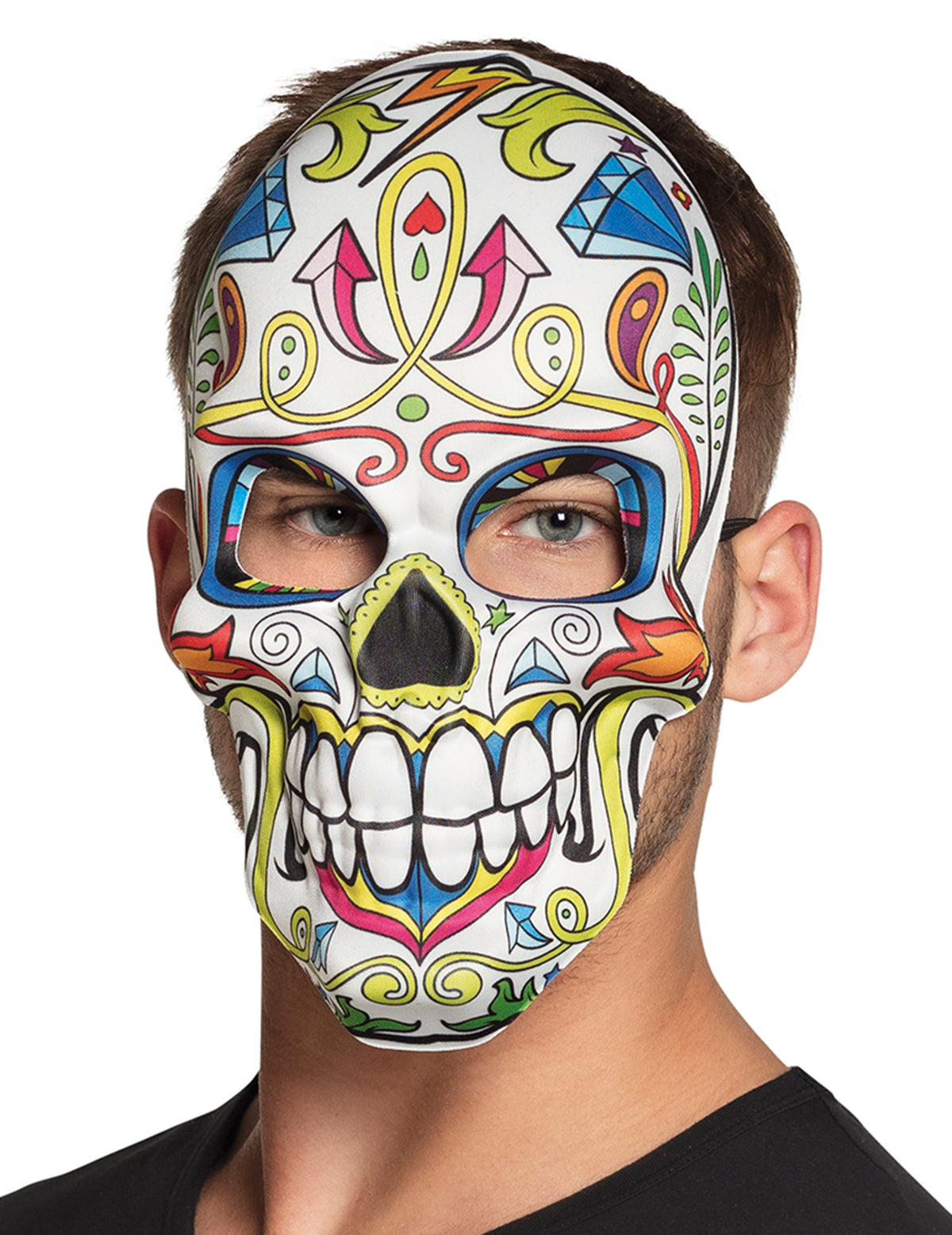 Masque dia de los muertos pour adulte blanc avec motifs colorés
