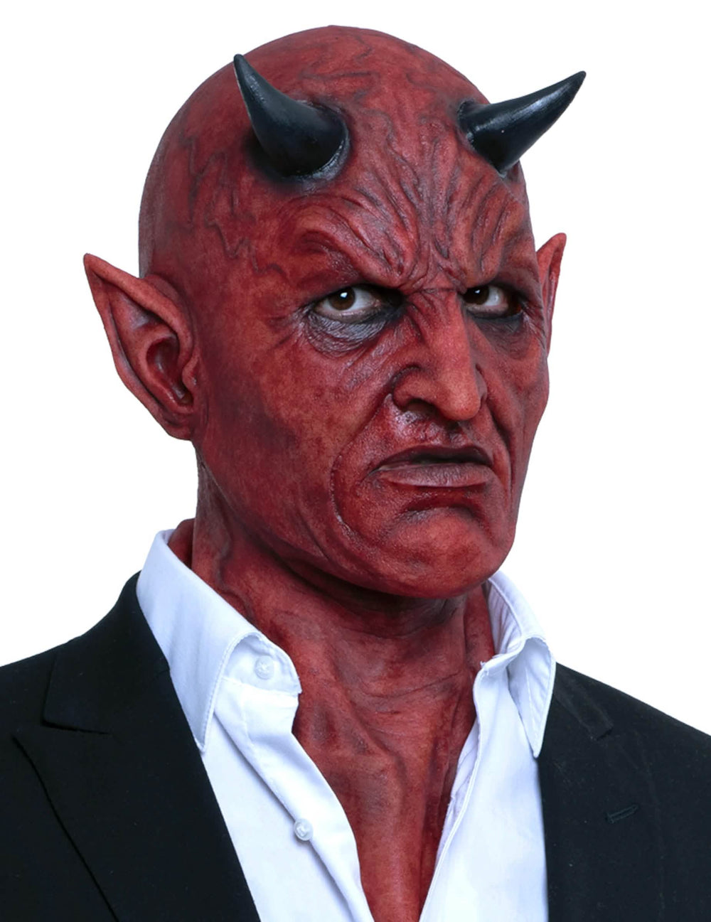 Mască hiper realistă demon premium pentru adult roșu cu coarne negre