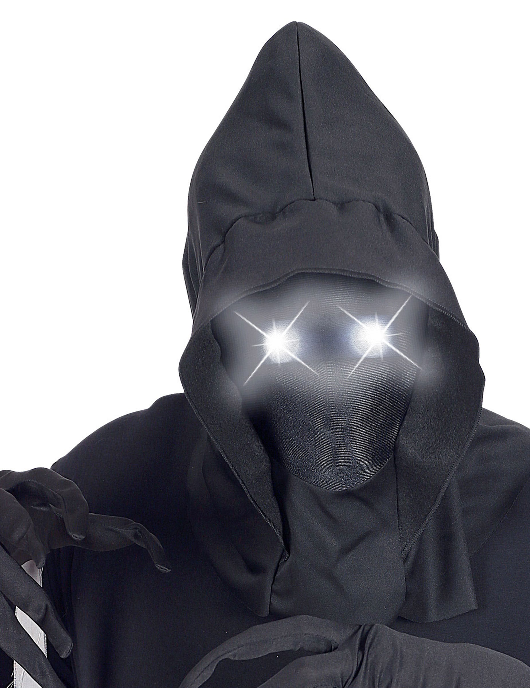 Détail des yeux lumineux du masque intégral à capuche visage invisible et yeux lumineux