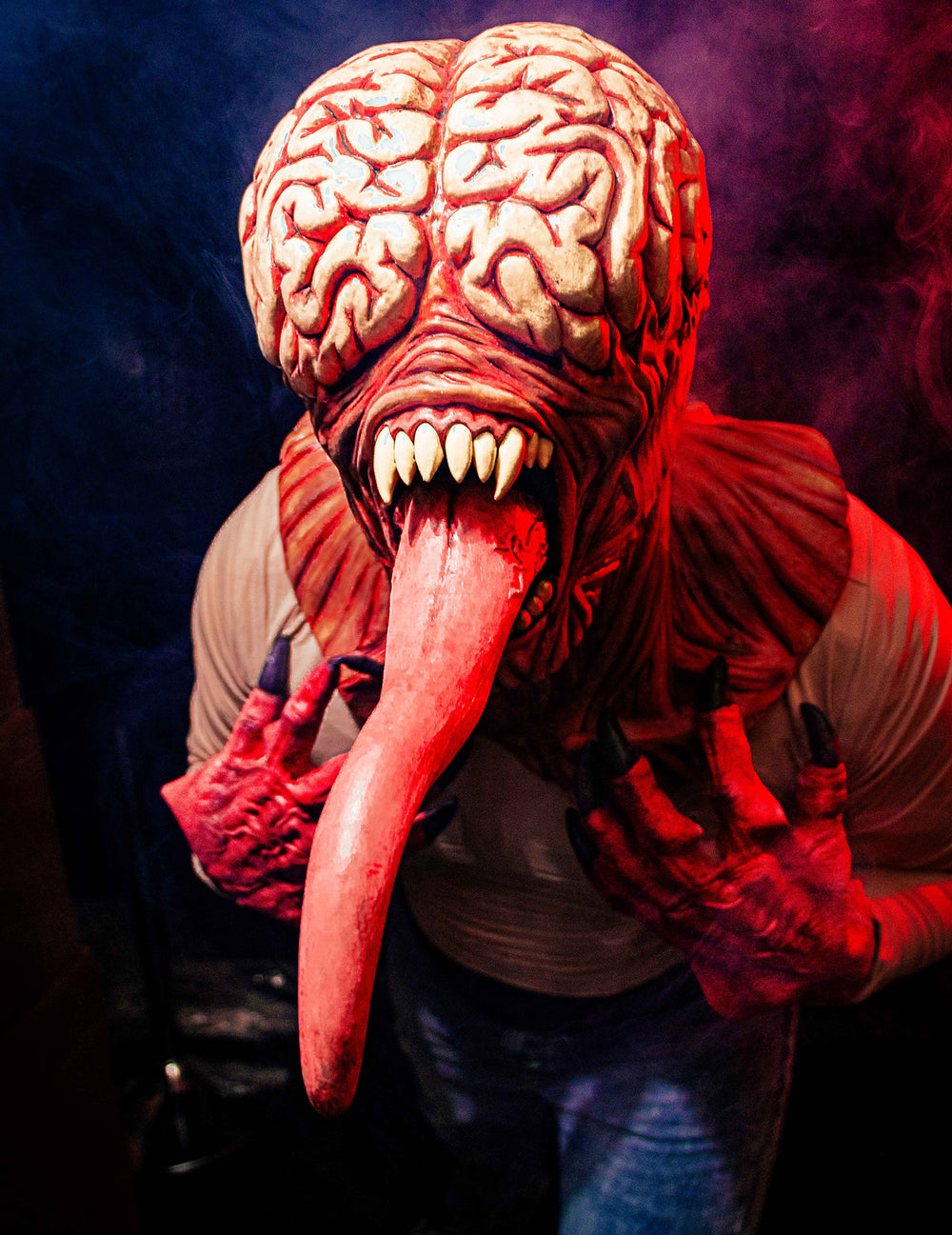 Masque intégral de monstre cerveau apparent pour adulte beige et rouge à longue langue