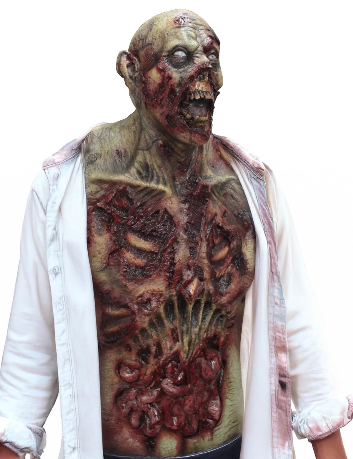 Vedere laterală a măștii integrale și bustul zombi