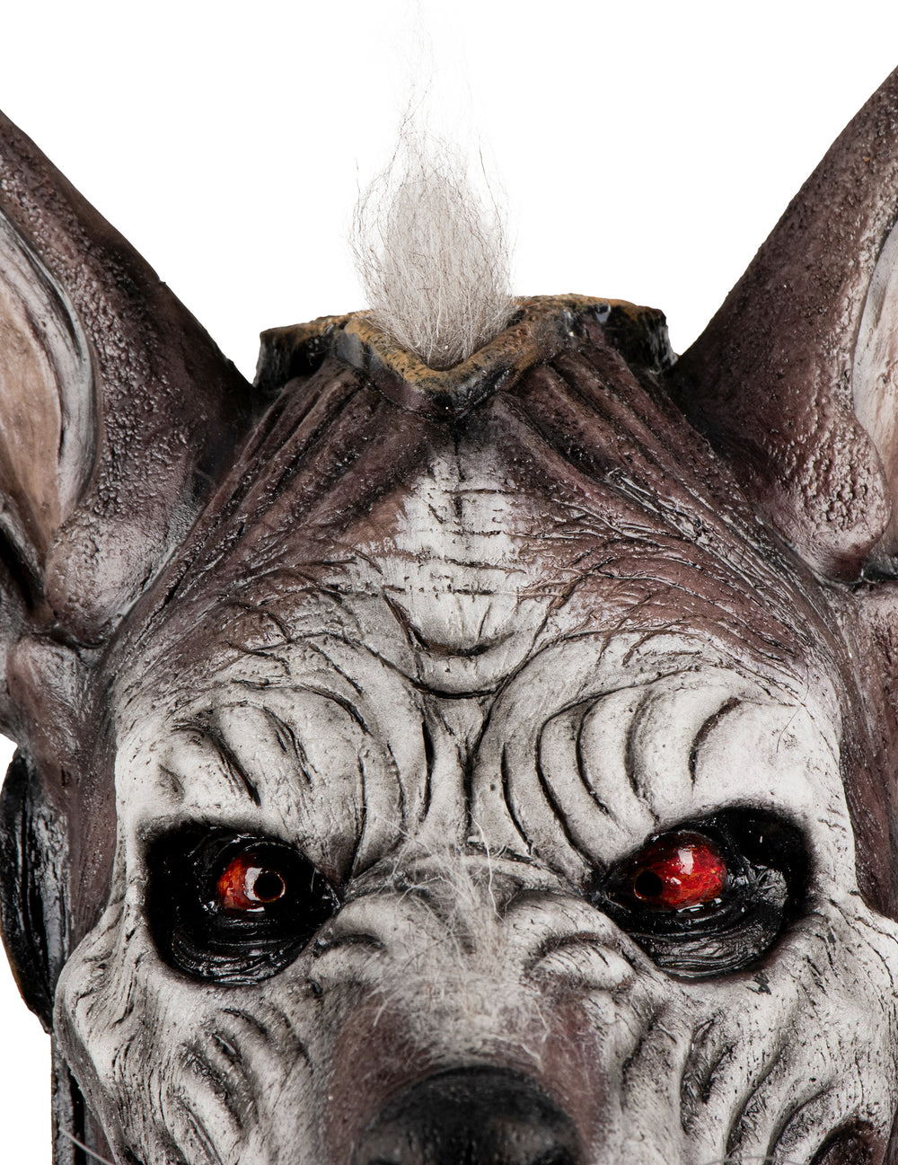 Détail du front et des yeux rouges du masque intégral monstre à tête de chien pour adulte