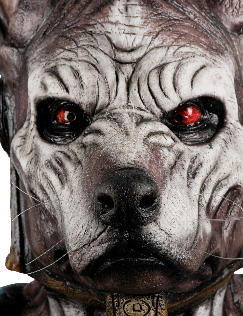 Gros plan sur le museau et les yeux du masque intégral monstre à tête de chien pour adulte