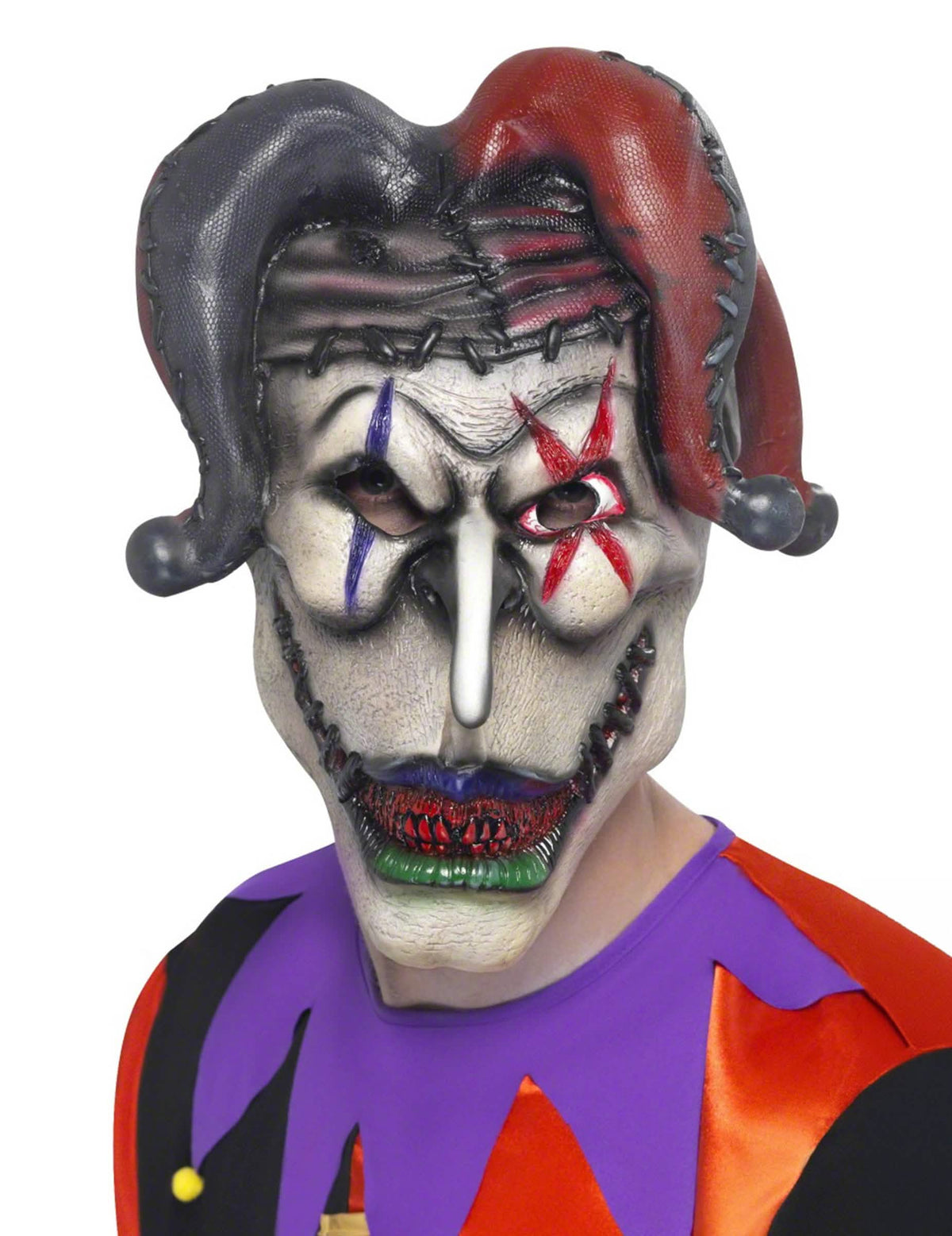 Mască Joker halloween pentru adult roșu și negru cu bonetă de bufon