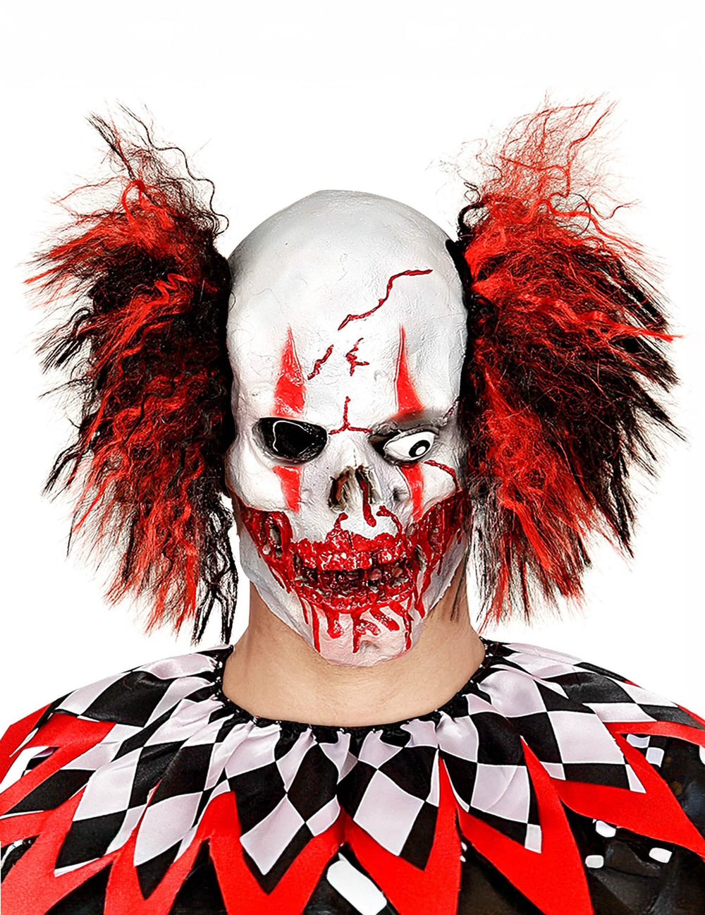 Masque latex clown rouge sanglant pour adulte blanc avec cheveux frisés rouges et noirs