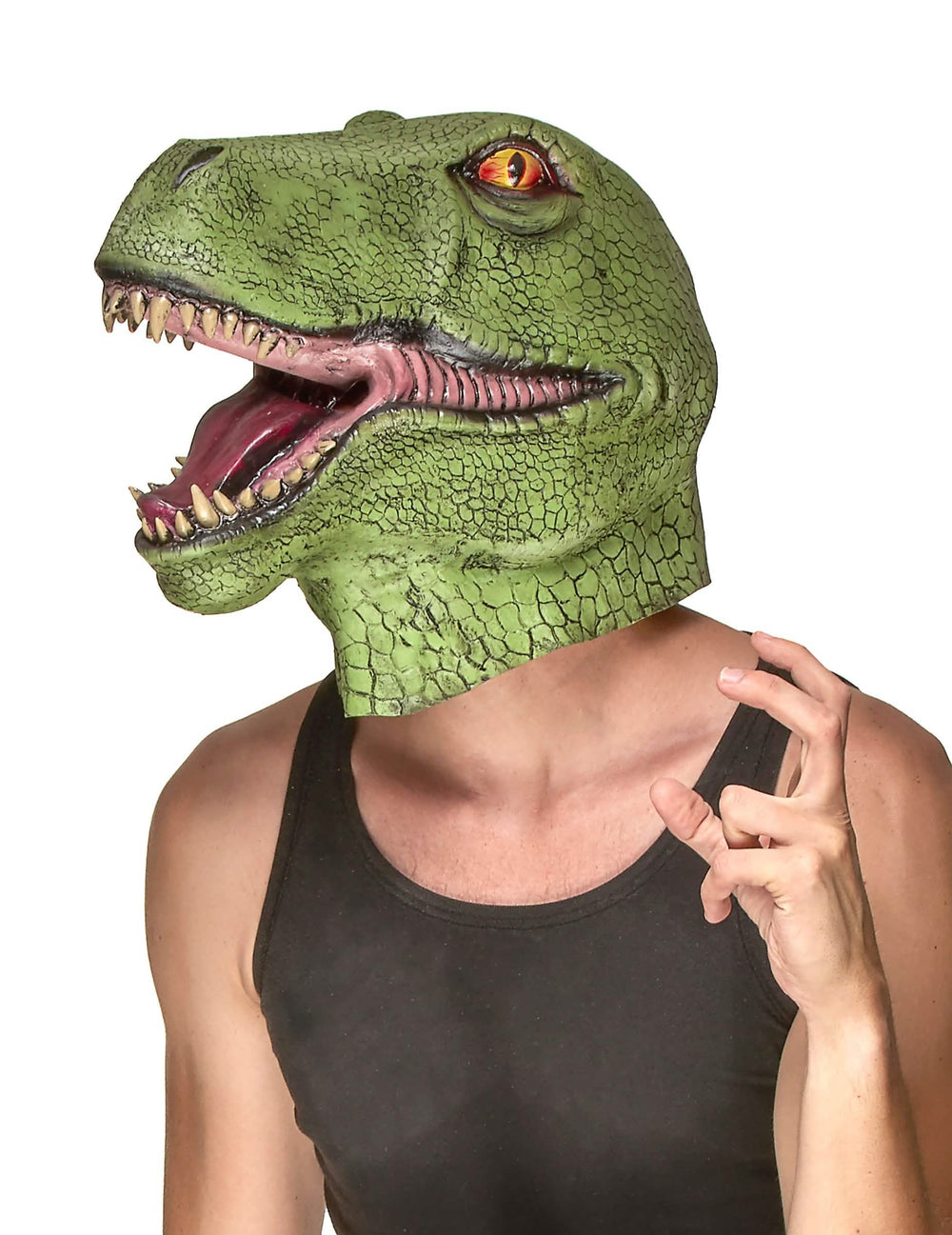 Mască din latex dinozaur pentru adult verde cu bot deschis
