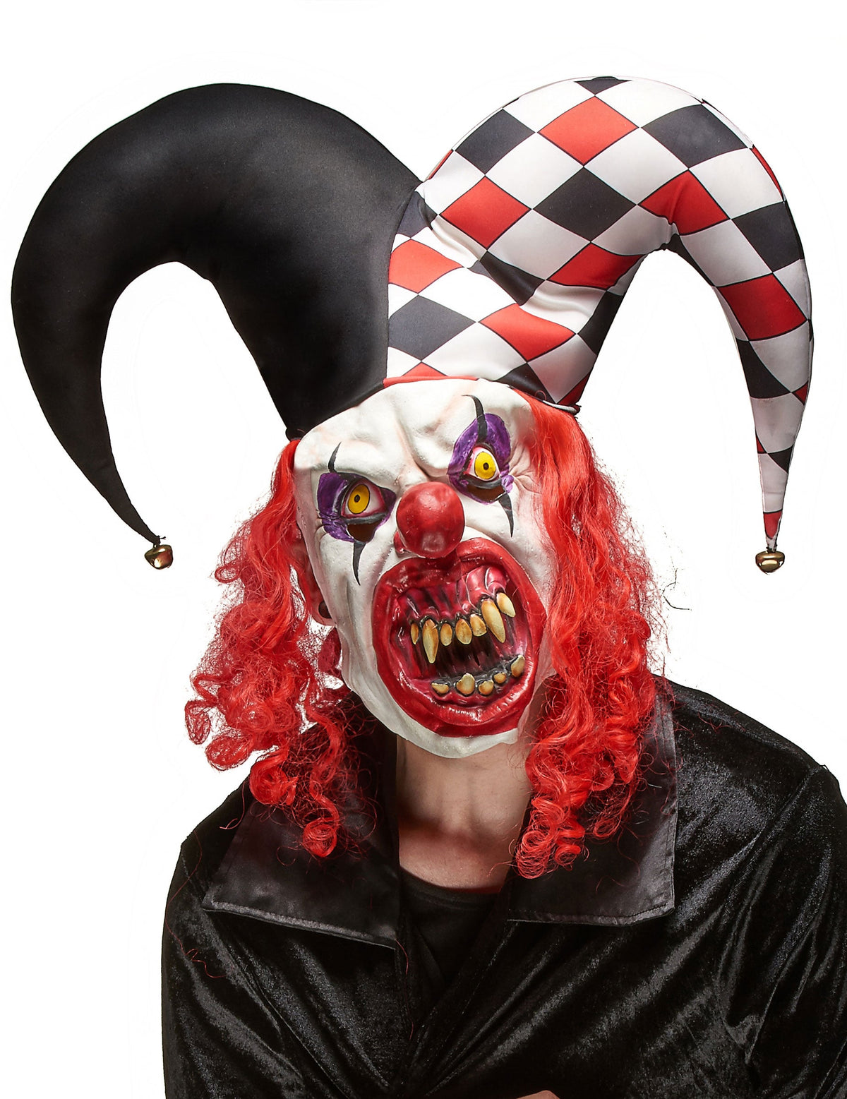 Masque latex joker terrifiant pour adulte blanc et rouge avec bonnet de bouffon à grelots