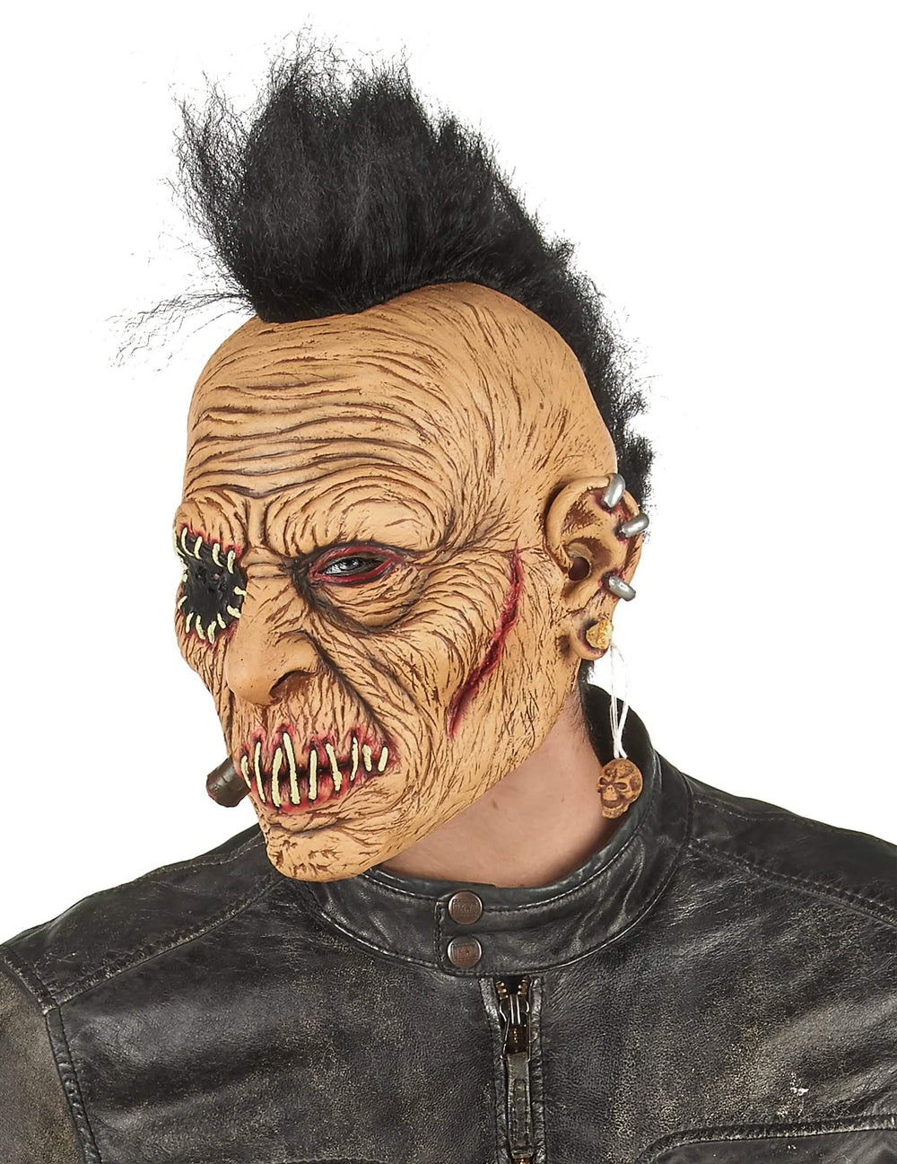 Masque latex punk à crête pour adulte beige avec crête noire et piercings