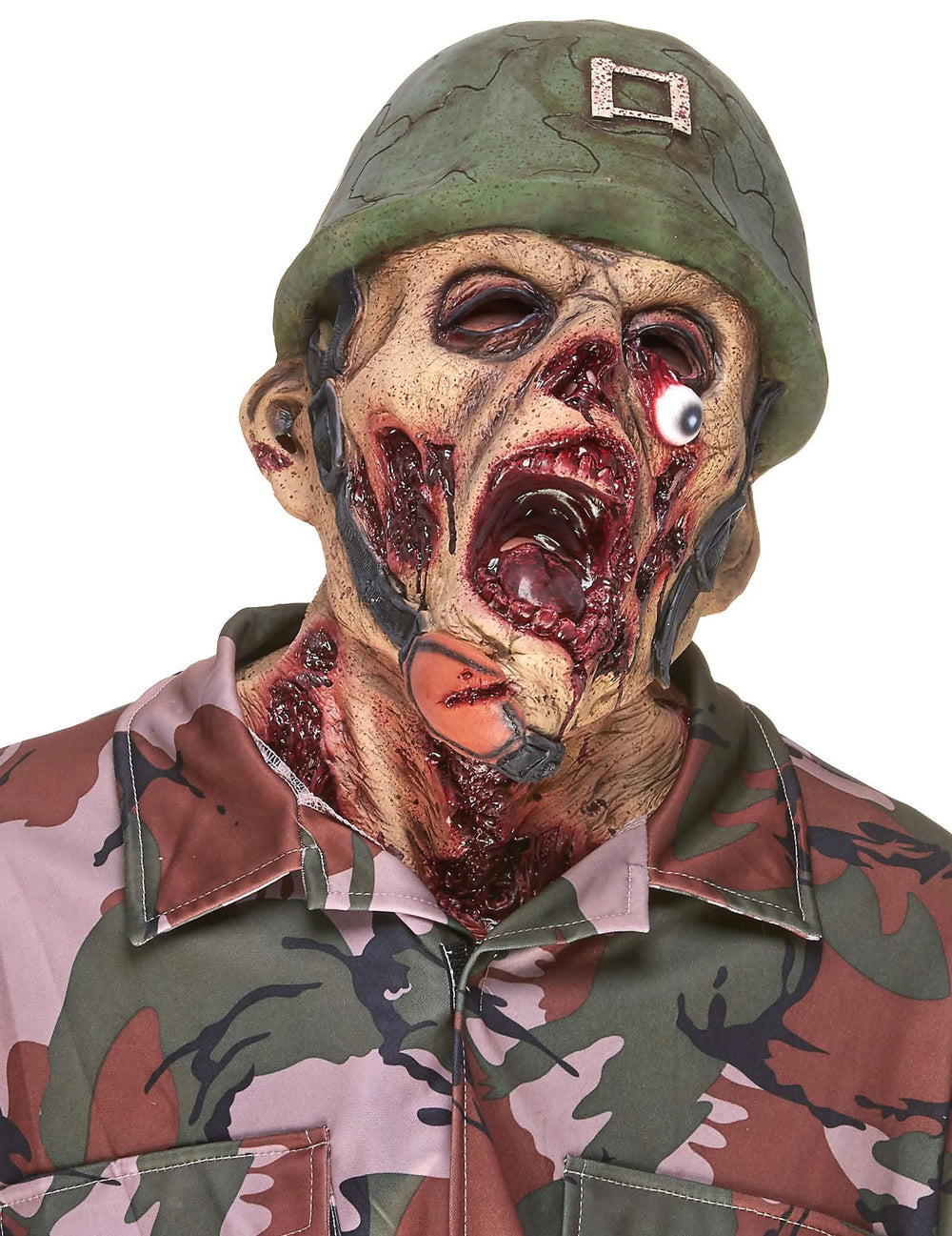 Mască de latex soldat zombi pentru adult cu cască și detalii însângerate