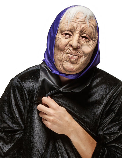 Masque latex vieille dame pour adulte avec foulard violet