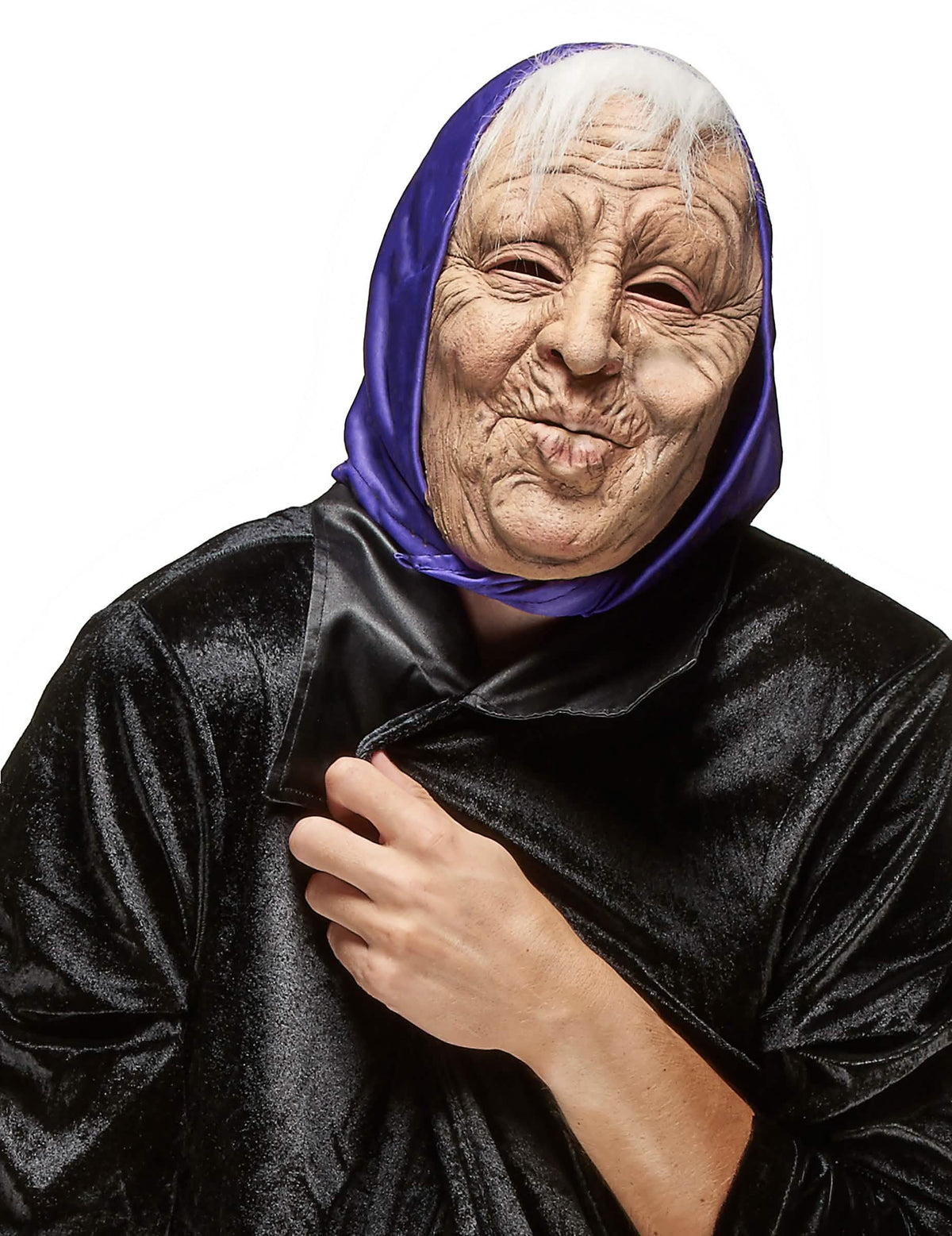 Mască din latex bătrână pentru adult cu eșarfă mov