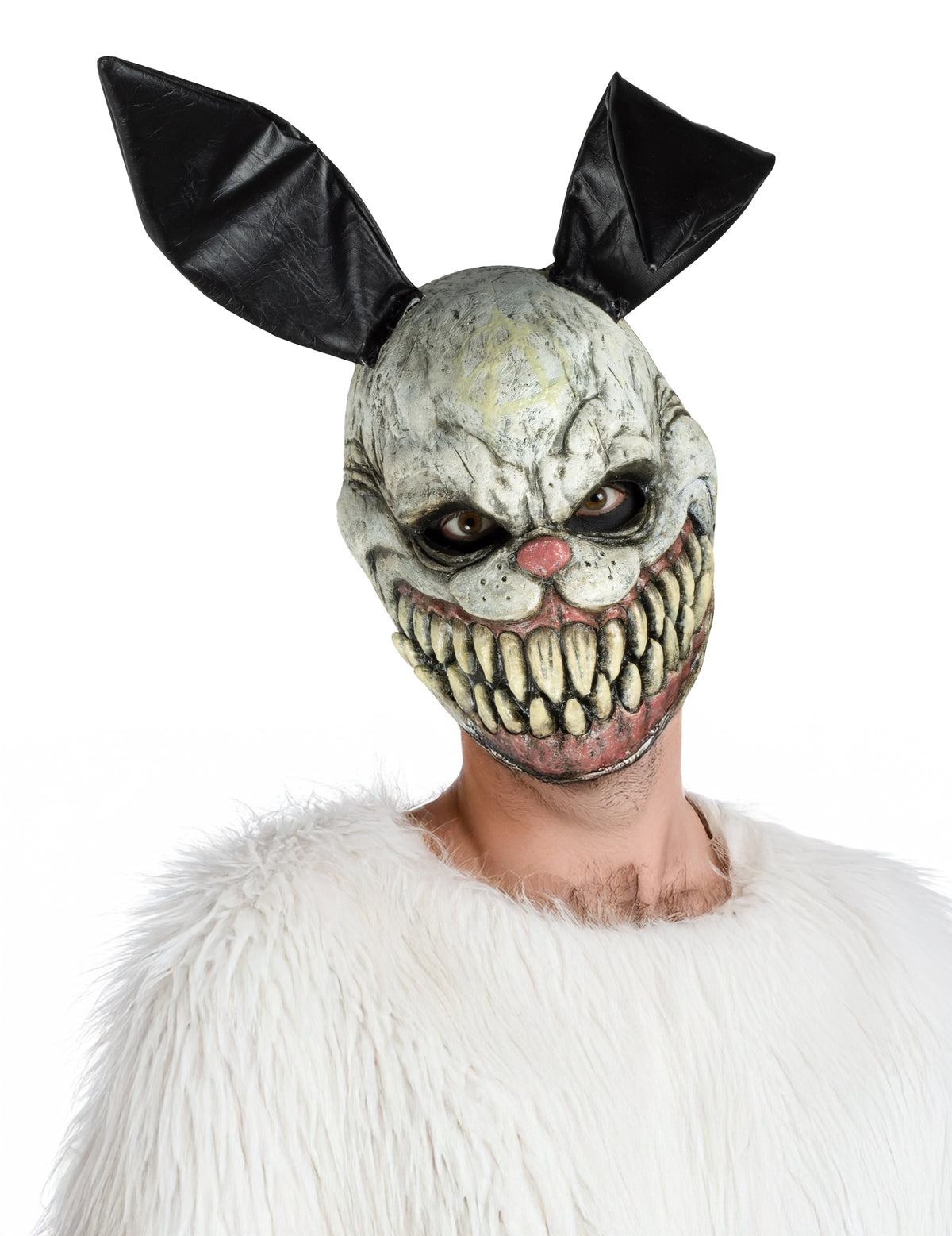 Masque méchant lapin phosphorescent pour adulte blanc et noir avec grandes dents