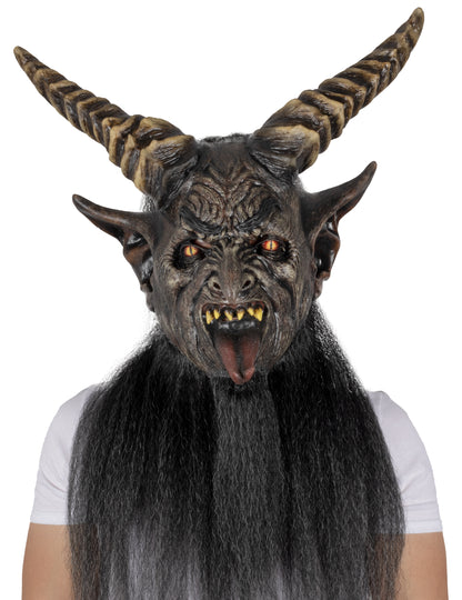 Masque de monstre pour adulte noir à cornes luxe avec poils longs