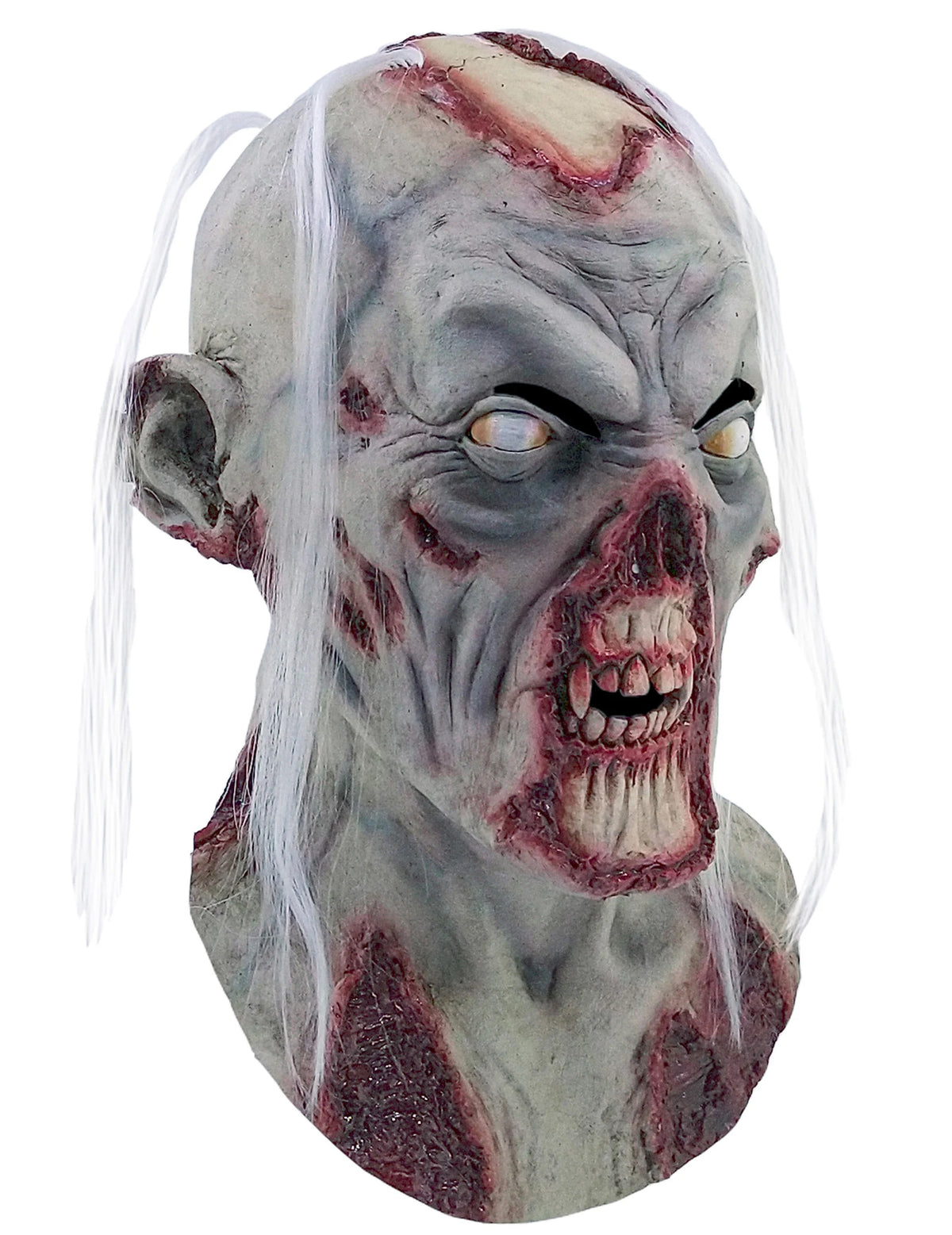 Masque mort vivant pour adulte gris avec cheveux blancs et plaies sanglantes